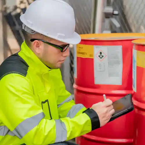 Worker marking down Hazard Communication from chemical filled barrel